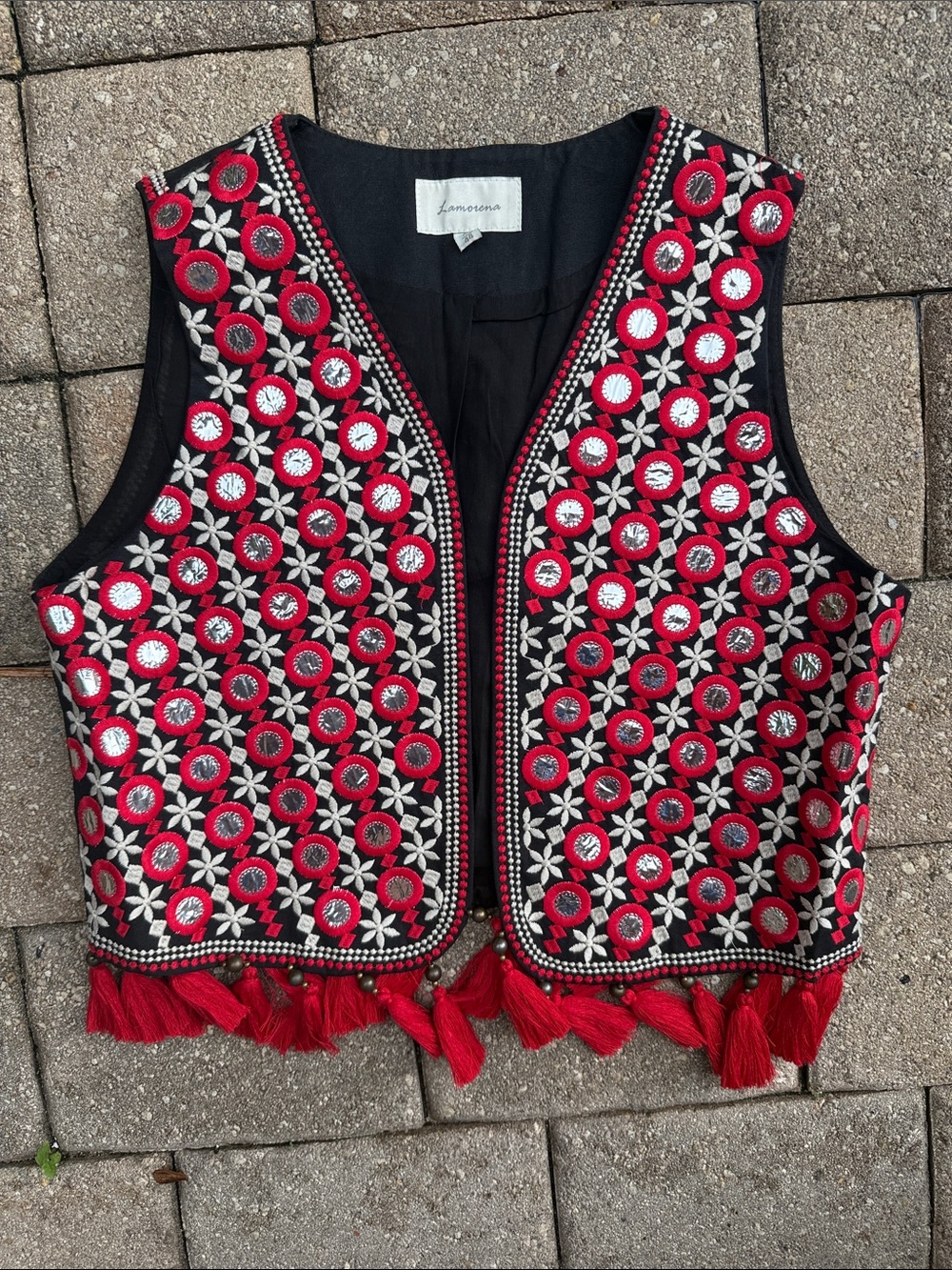 Hand-Embroidered Black Tank Vest with Red & White Accents -